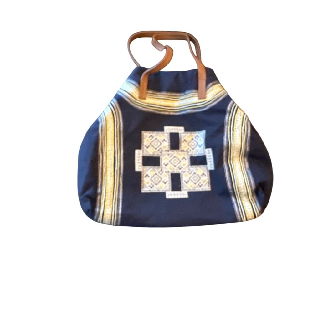 Embroidered Canvas Tote Bag With‎ Leather Handles By Star Mela